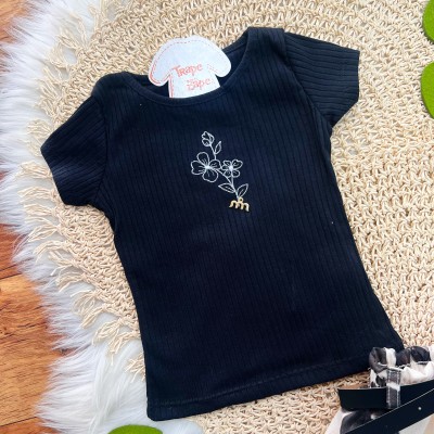  Conj. Blusa Canelada e Short Saia Balonê Floral com Cinto - Preto